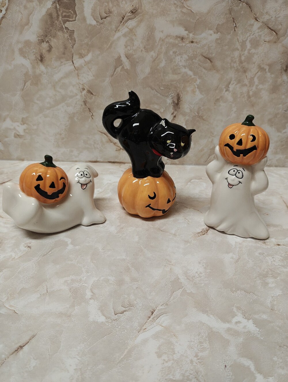 Mini Ceramic Halloween Figurines Ghosts, Black Cat & Jack-o'-lantern